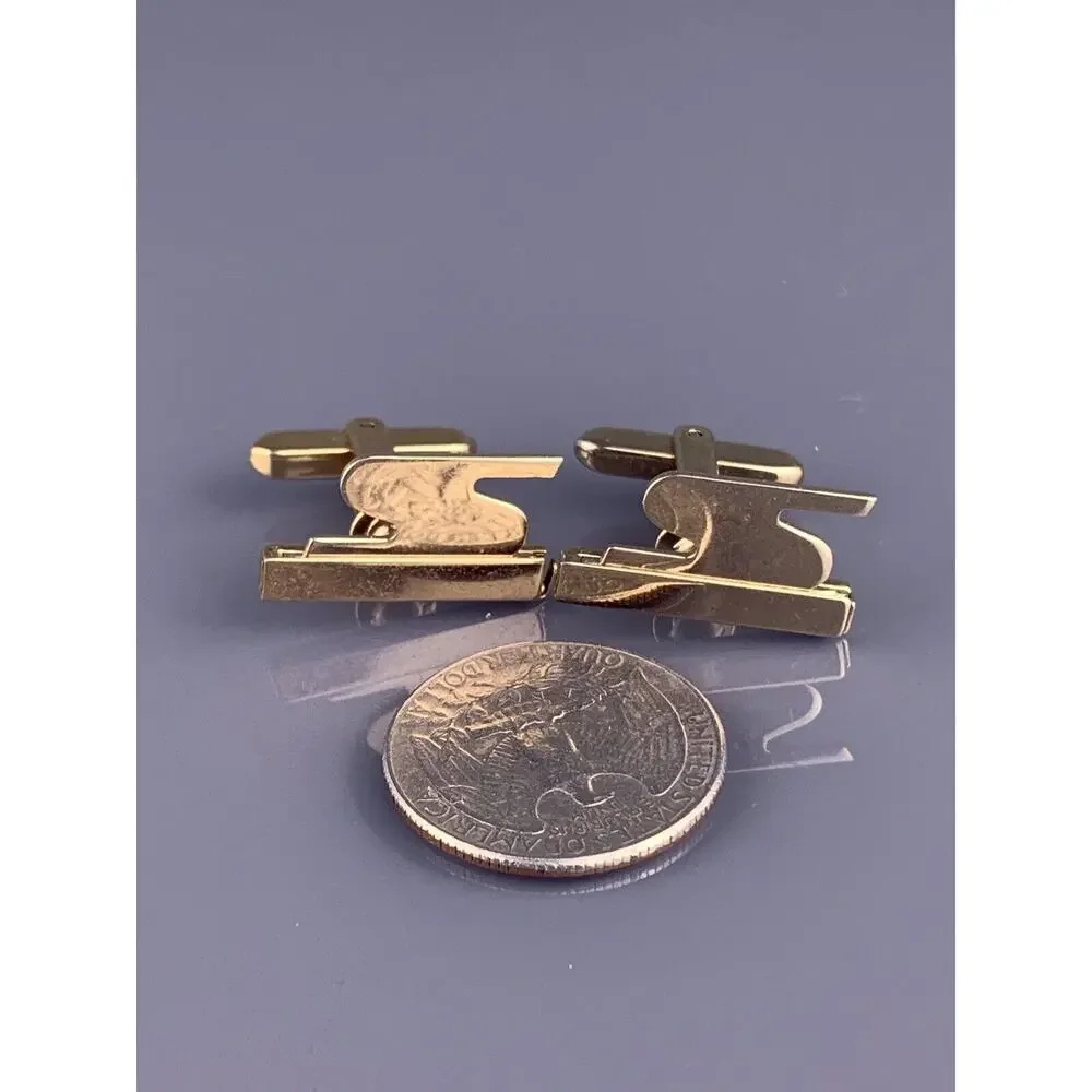 S Initial Block Font Cufflinks Gold Tone Monogram Mid Century Hickok Vintage